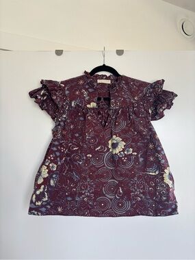 Ulla Johnson Burgundy Floral Ruffle Sleeve Blouse
